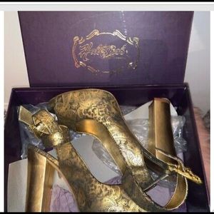 Hale Bob dusty gold & black ankle wrap chunky heel